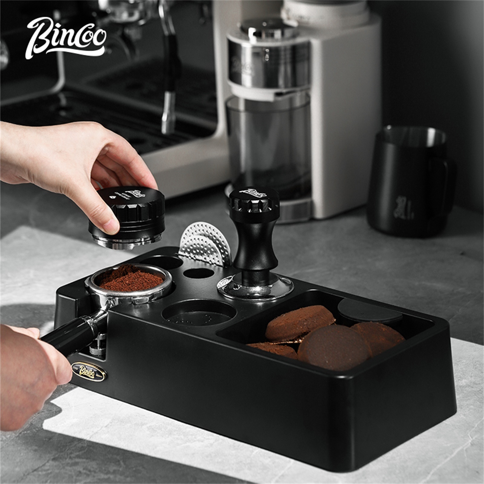Coffee Tamper Leveler - Bincoo コーヒーディストリビューター 51/58 ミリメートル布パウダーマシンレベラーツールコーヒーハンマータンパーノック収納ベースエスプレッソセット