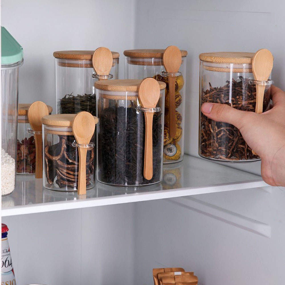 Coffee Tea Canister Set - 気密性のある食品保存用プラスチック容器、木製スプーンと蓋付きのキャニスター、バスソルト、砂糖、スパイス、コーヒー、紅茶用の瓶