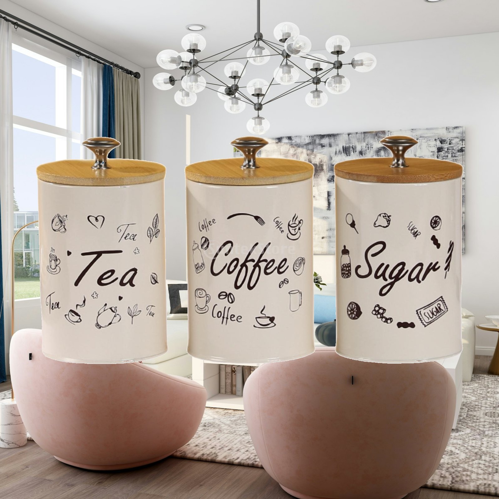 Coffee Tea Canister Set - 農家風コーヒー・紅茶・砂糖キャニスターセット キッチン装飾 鉄製竹製保存容器 蓋付き おしゃれな家庭用