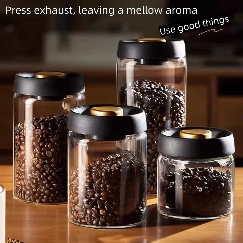 Coffee Tea Jug - 手動真空密閉コーヒージャー 高ホウケイ酸ガラス 防湿茶保存容器 キッチンコーヒー用