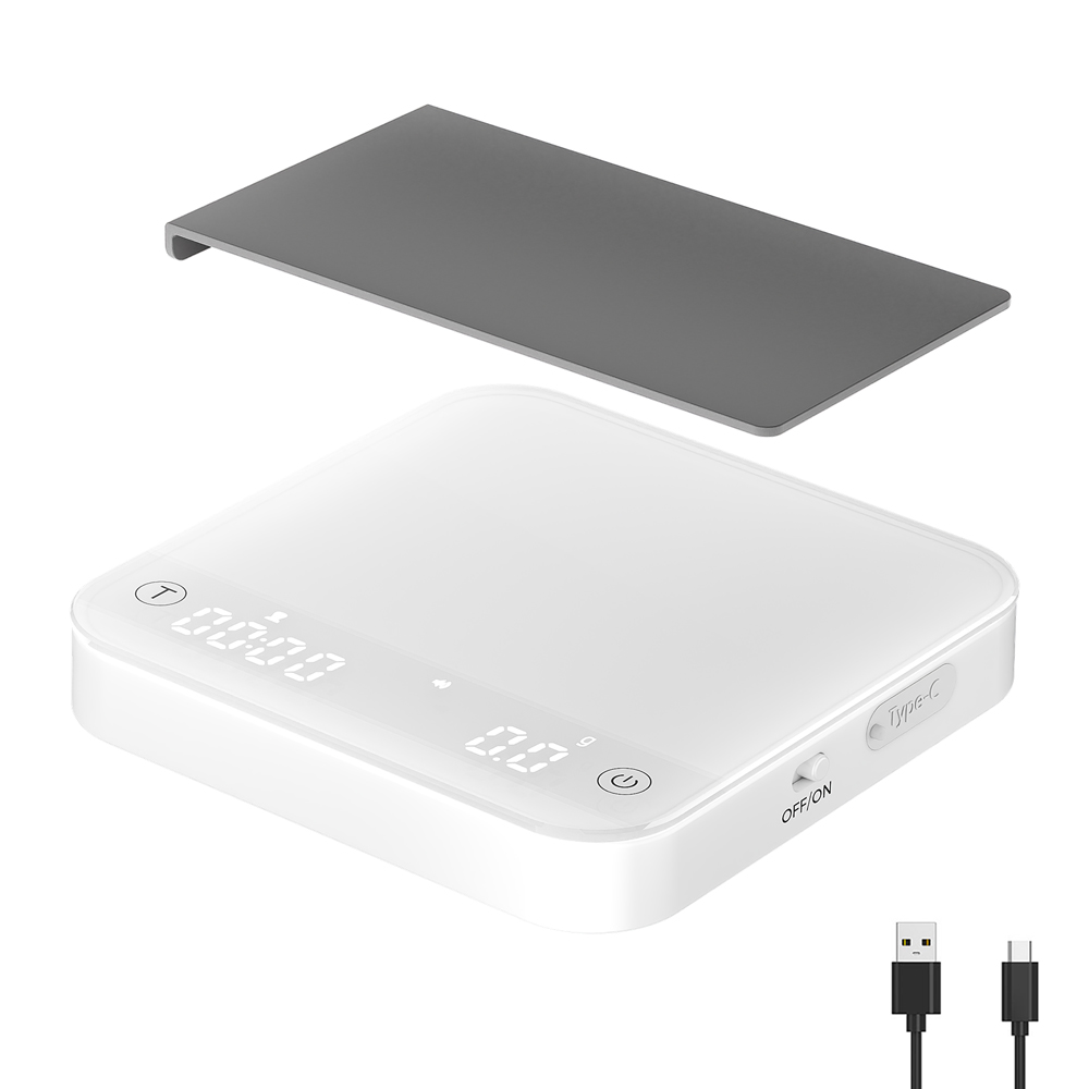 Coffee & Tea Haus - ポータブルコーヒースケール 0.1g精度 0.3g-2000g、流量＆比率モード、7時間バッテリー Type-C、強化ガラス、白＆黒