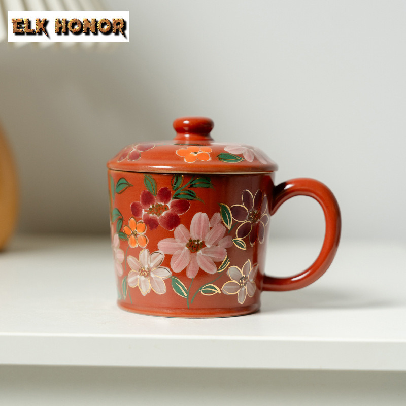 Coffee Jasmine Tea - 300 ミリリットル手描きジャスミンの花蓋付きコーヒーマグカップルハンドグリップカップアフタヌーンティーマグオフィスウォーターカップカフェ装飾