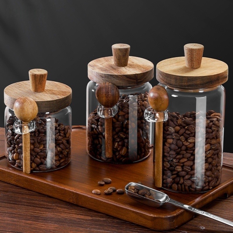 Coffee Tea Canister Set - ABJIガラスジャー 木製蓋とスプーン付き 13オンス、20オンス、30オンス コーヒー、紅茶、砂糖用キャニスター 3個セット 透明ガラス保存容器