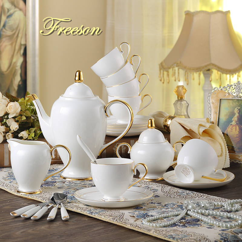 Tea Coffee Pot Set - グレースボーンチャイナコーヒーセットホワイトゴールド磁器ティーセット高度なポットカップセラミックマグシュガーボウルクリーマーティーポットミルクジャグティーセット