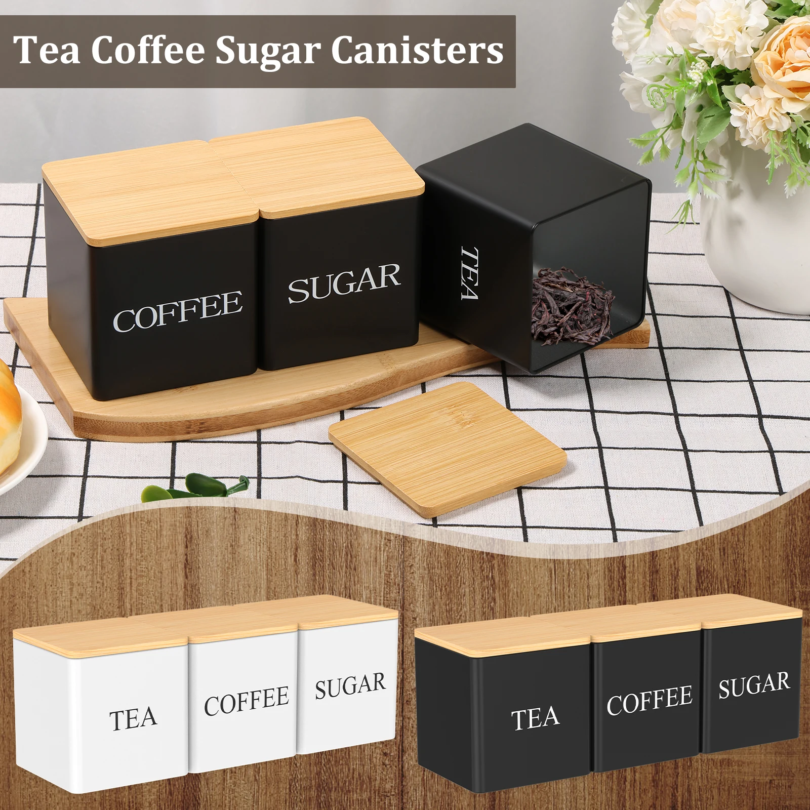 Coffee Tea Canister Set - 3個セット 500ml 茶葉・砂糖・コーヒー用キャニスター 密閉式茶葉・砂糖・コーヒー保存瓶 竹製蓋付き 大容量コーヒー容器