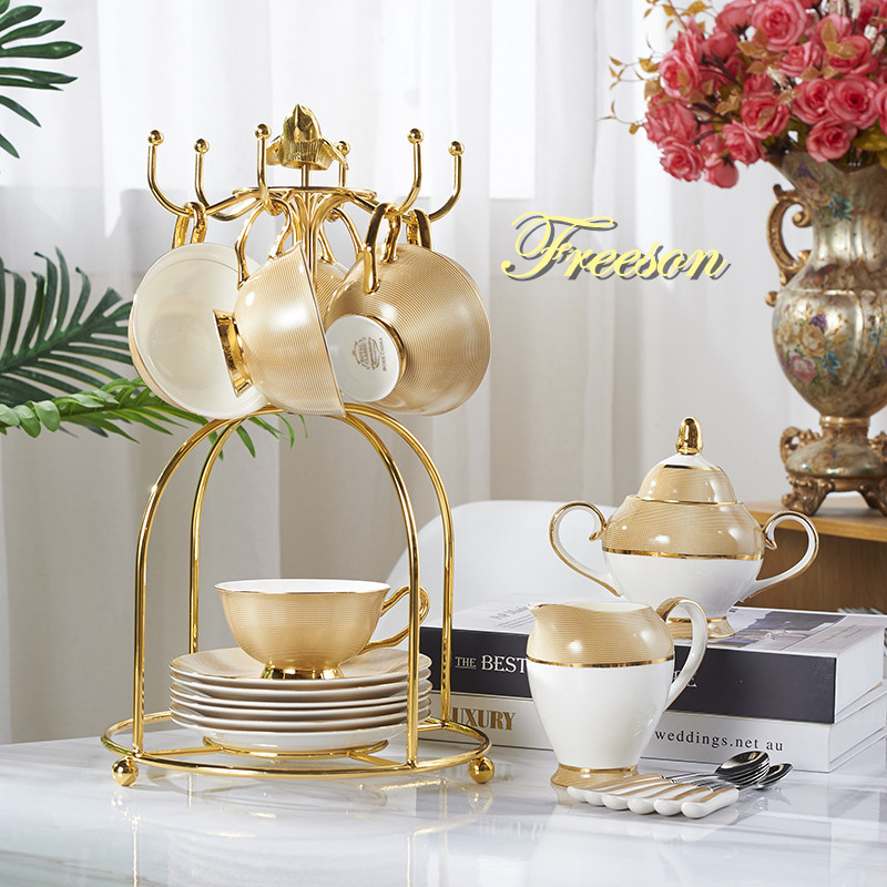 Tea Coffee Pot Set - 豪華な磁器のコーヒーセット,金の骨,セラミックカップ,シュガーボウル,ティーポット,グラス