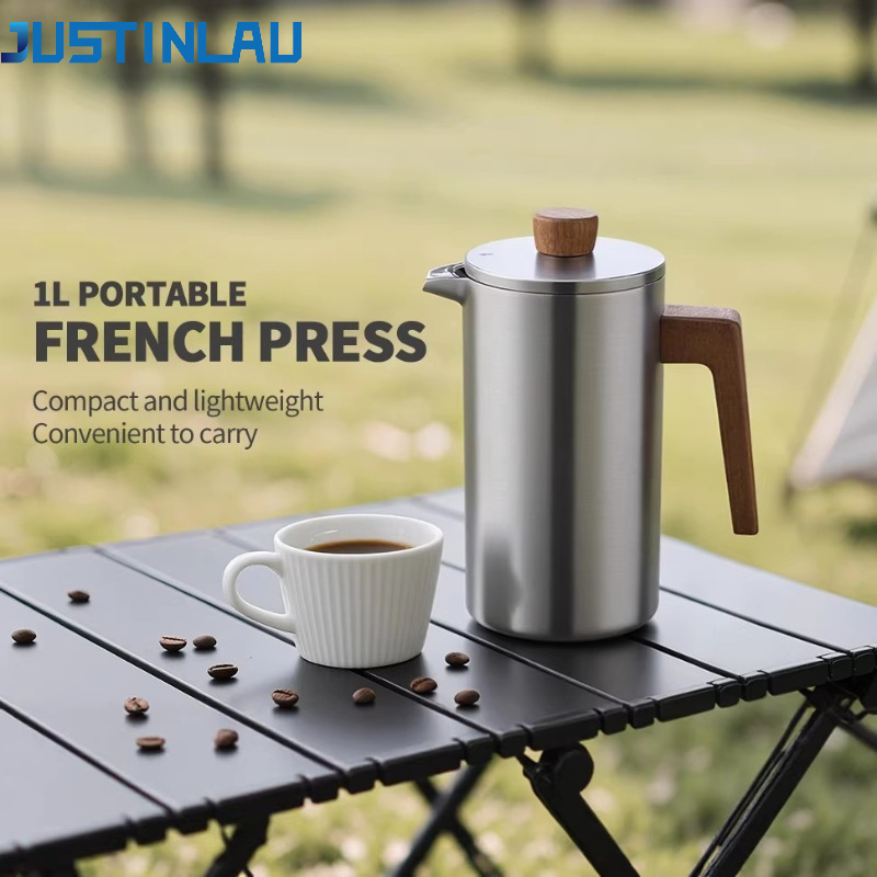 Coffee Tea Maker - JUSTINLAU 1000ml ステンレス鋼フレンチプレスポット 家庭用コーヒー＆ティーメーカー 木製ハンドル＆目盛り付き アウトドアキャンプ用コーヒーポット