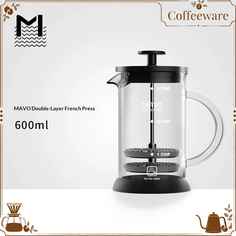 Coffee Tea Maker - MAVO フレンチプレスコーヒーメーカー ダブルメッシュフィルター 2カップ ポータブルガラスフィルターポット 家庭用コーヒー紅茶醸造