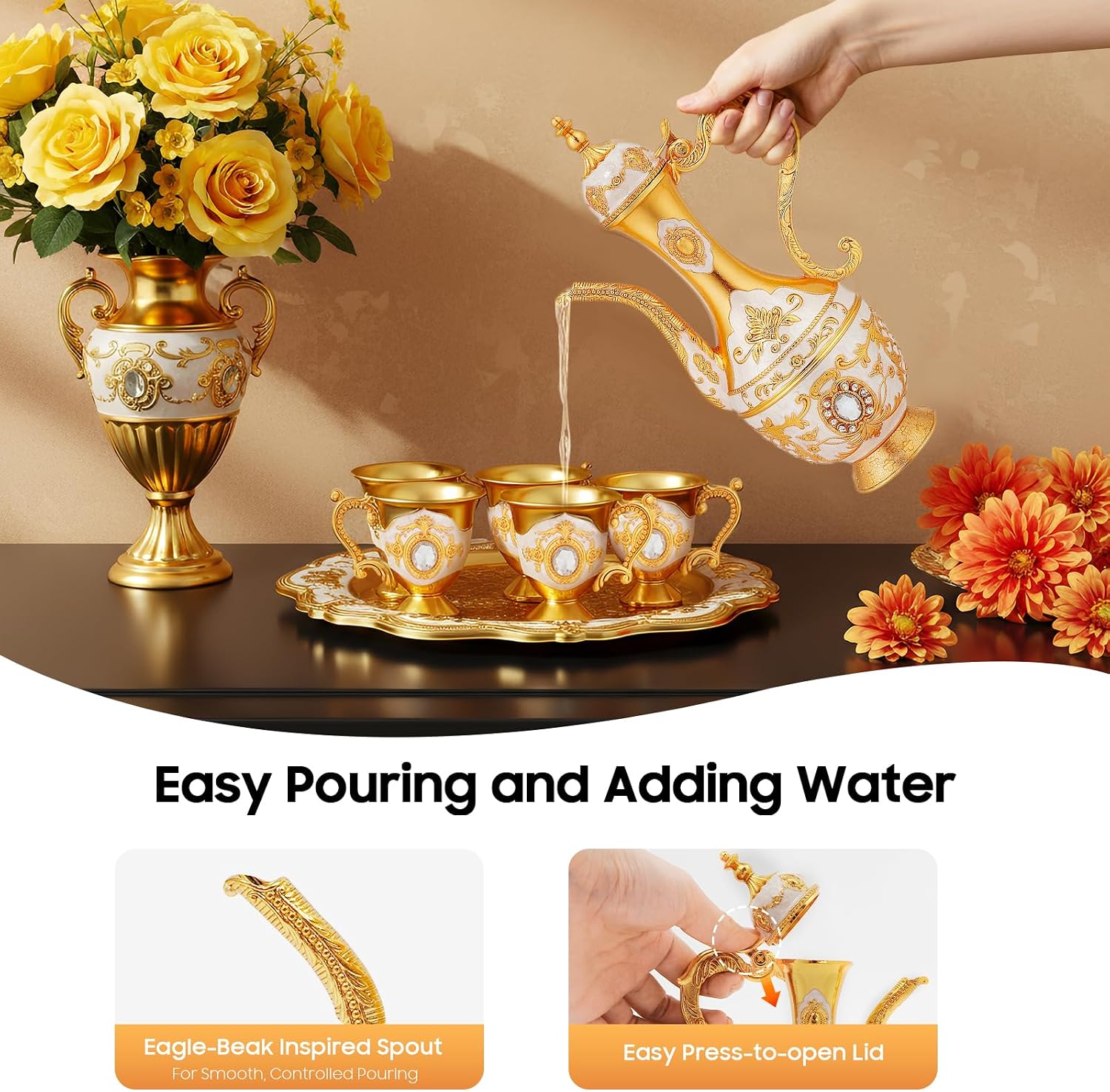 Tea Coffee Pot Set - ヴィンテージトルココーヒーカップセット（ポットとカップ6個付き）、トルコティーセット、トルコティーグラス、家の装飾、誕生日、クリスマス、新築祝い、結婚式に最適（ゴールド、ホワイト）