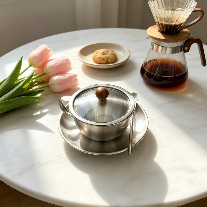 Coffee Tea And Sugar Canister Set - ヴィンテージステンレス鋼コーヒーカップソーサーセットインダストリアルスタイルメタルマグラテコールドブリューアフタヌーンティーヨーロピアンスタイル