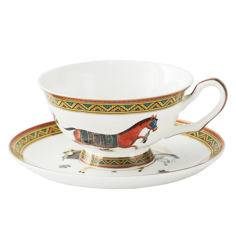Coffee Tea Gift - 磁器製ティーカップ＆ソーサーセット（スプーン付き）、馬柄セラミックコーヒーカップ、お茶、コーヒー、デザート、ギフトに最適