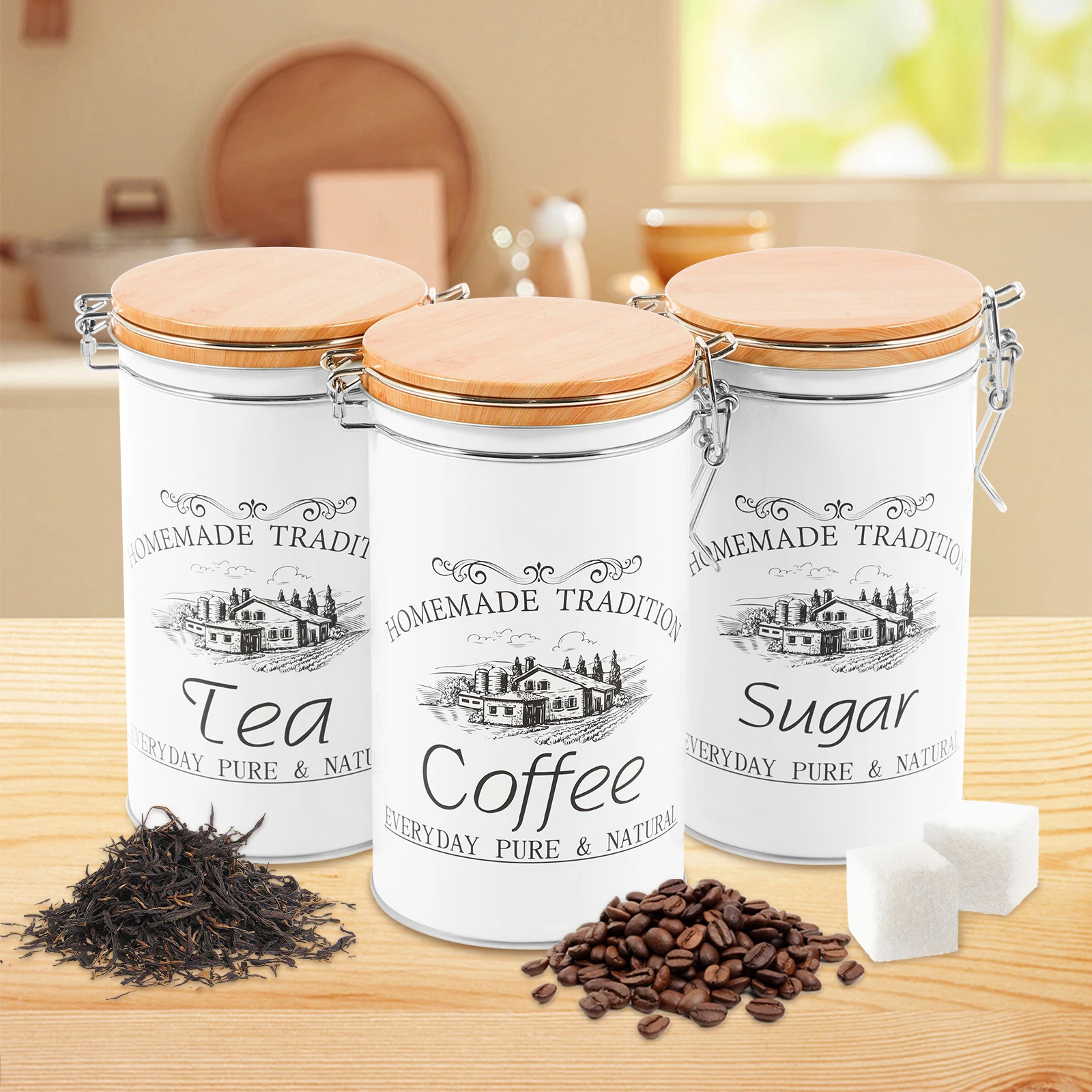 Coffee Tea Canister Set - 3 ピース/セット茶コーヒー砂糖キャニスター金属コーヒー豆保存瓶多用途茶コーヒー砂糖容器キッチン食品用品