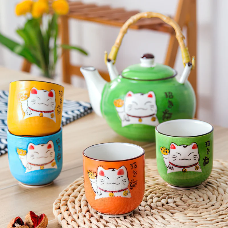 Tea Coffee Pot Set - 日本製クリエイティブマルチカラー漫画招き猫セラミックコーヒーティーセット中国風木製トレイリフトビームポットティーカップセットギフトボックス