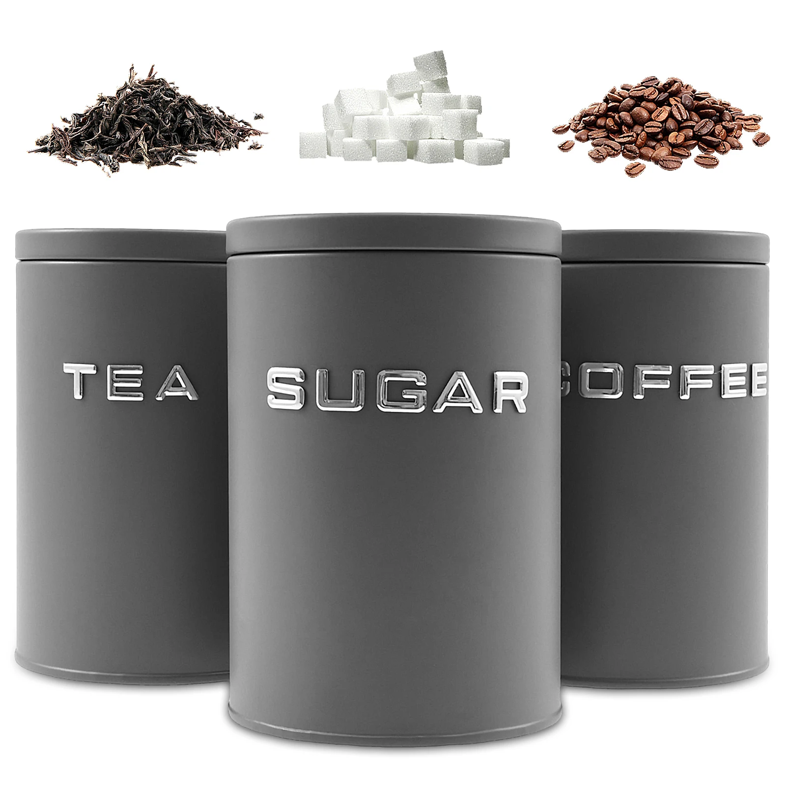 Coffee Tea Canister Set - 3個セット 茶葉・コーヒー・砂糖用キャニスター 金属製丸型キッチン容器 密閉蓋付き 防湿 コーヒー豆保存容器