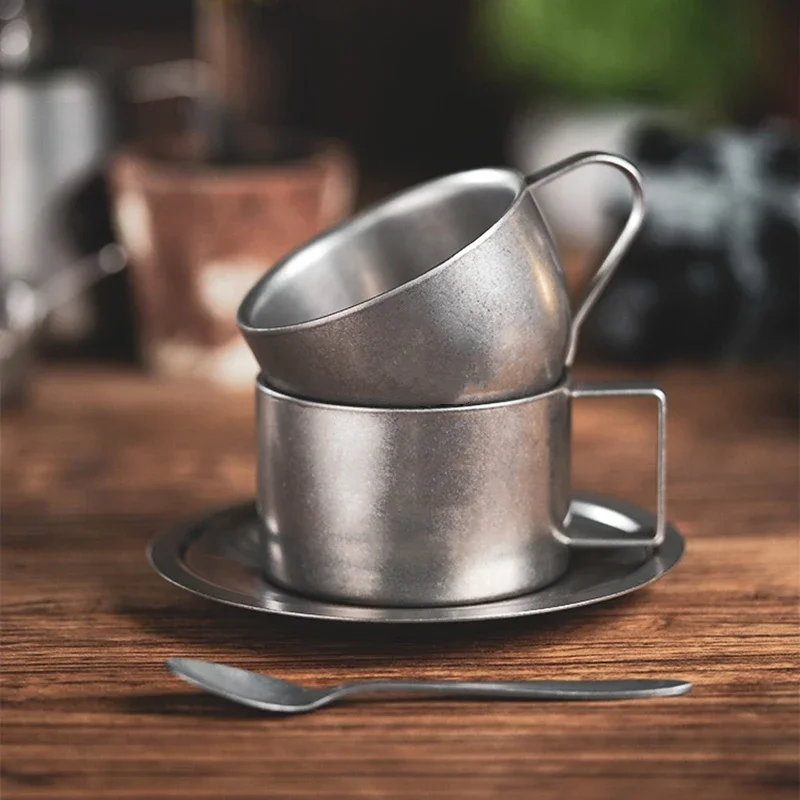 Coffee Tea And Sugar Canister Set - レトロシリーズコーヒーカップセット二重壁304ステンレス鋼コーヒースプーンコーヒーディスクつや消しインダストリアルスタイルティーカップセット