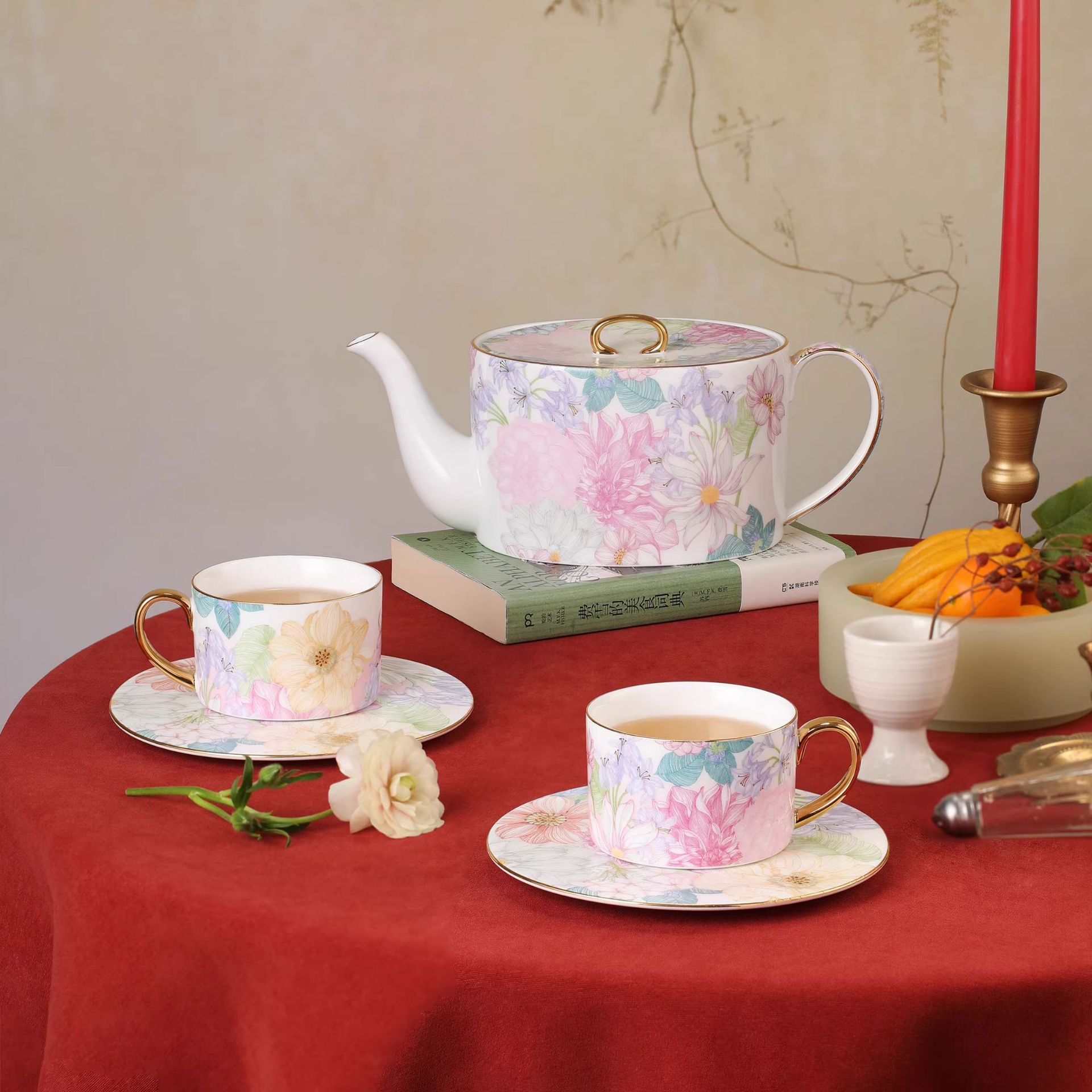 Tea Coffee Pot Set - Yjq景徳鎮陶磁器製ワンポット四杯コーヒーカップ＆ソーサーアフタヌーンティーセット組み合わせティーポット