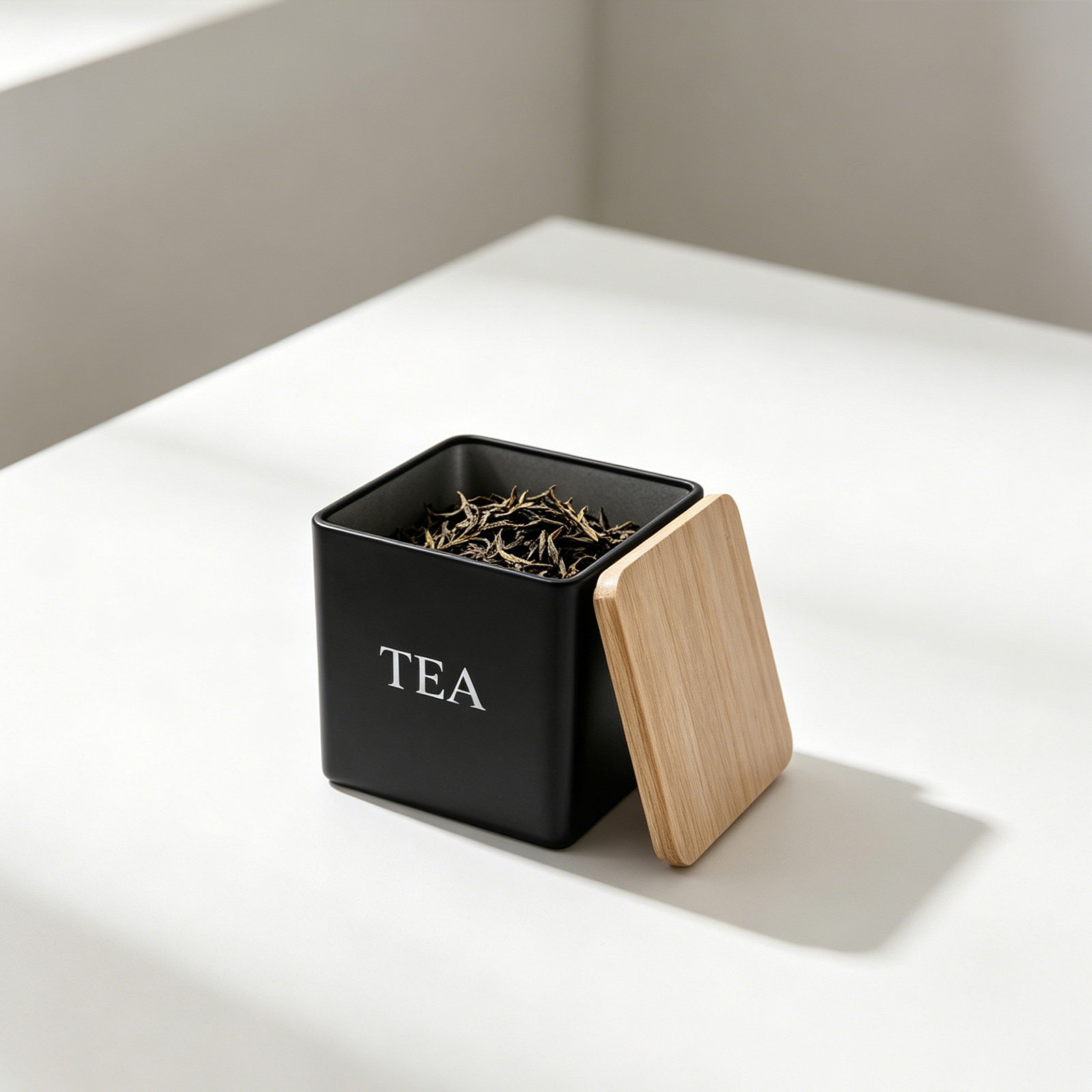 Coffee Tea Canister Set - 3個入り金属製茶葉・コーヒー・砂糖キャニスターセット、竹製蓋付き600ml角型キッチン収納容器、カウンター用、ラベル付き、気密