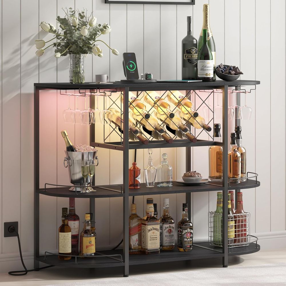 黒色の3段コーヒーテーブル、ワインラック、電源コンセント、L - Coffee & Tea Haus のレビューと価格