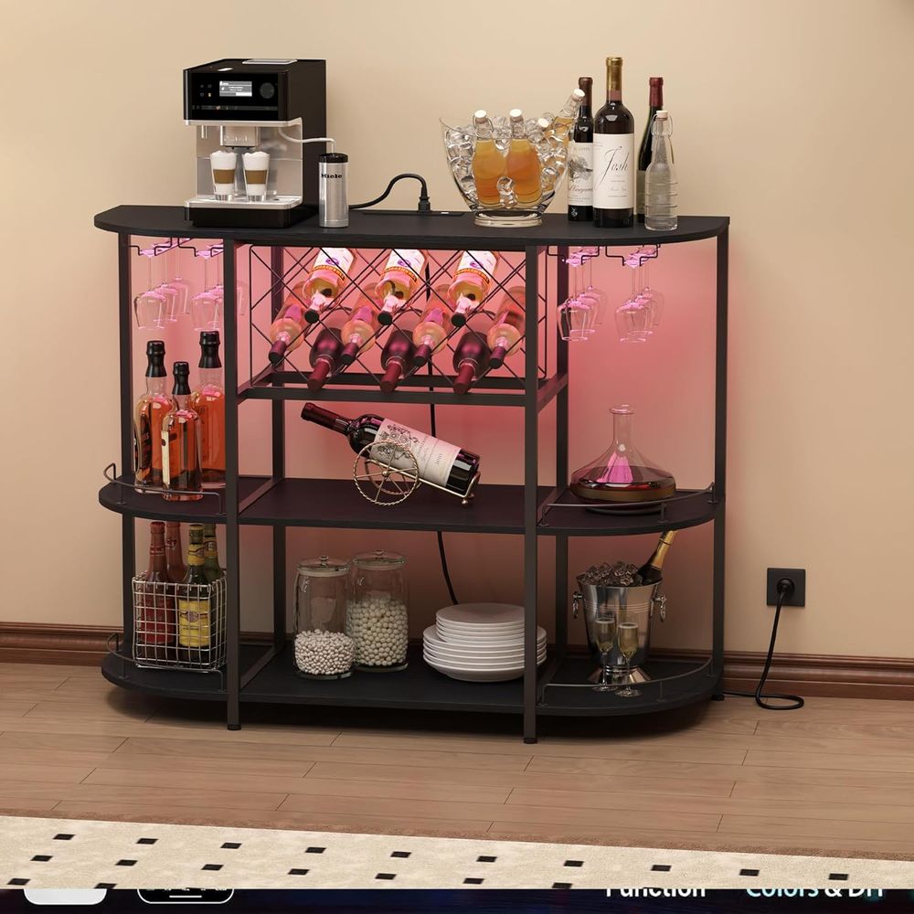 黒色の3段コーヒーテーブル、ワインラック、電源コンセント、L - Coffee & Tea Haus のレビューと価格