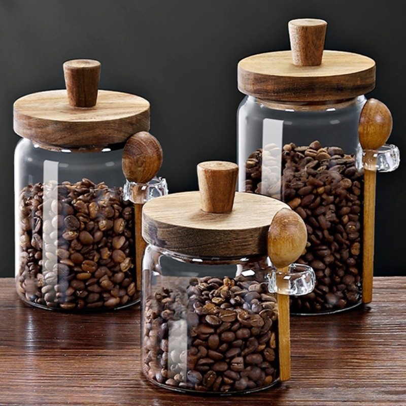 ABJIガラスジャー 木製蓋とスプーン付き 13オンス、20 - Coffee Tea Canister Set のレビューと価格