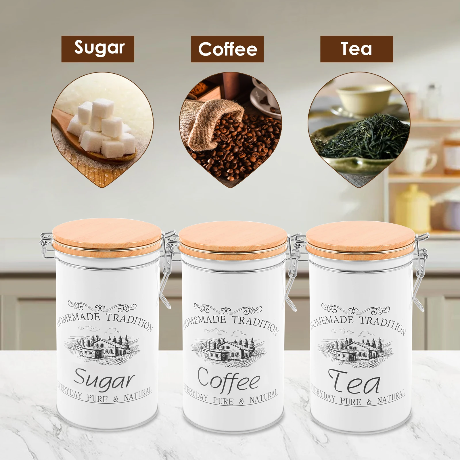 3個セット 茶葉・コーヒー・砂糖用キャニスター 金属製コーヒ - Coffee Tea Canister Set のレビューと価格