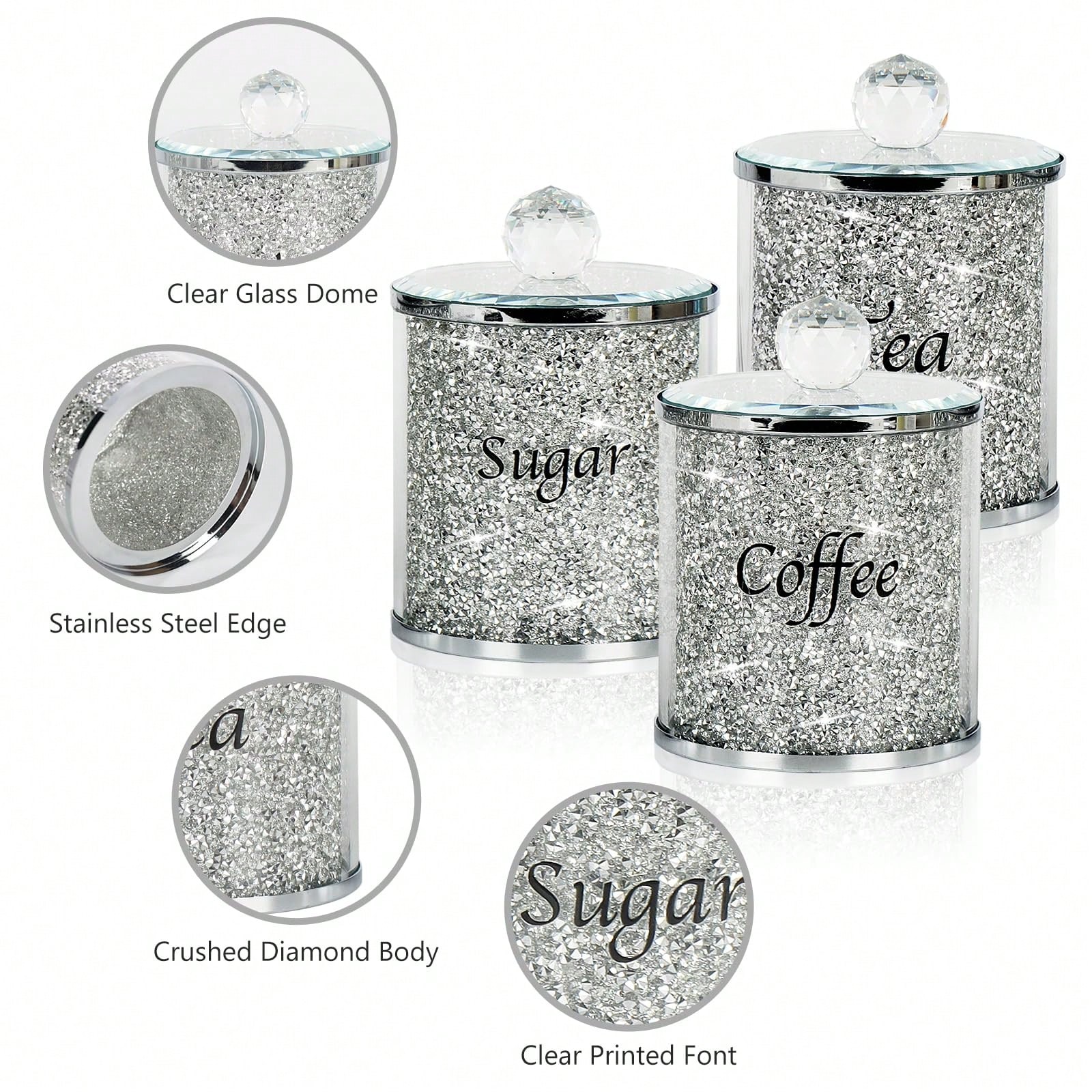 コーヒー、砂糖、紅茶用キャニスターセット、キラキラ輝くクラッ - Coffee Tea Canister Set のレビューと価格