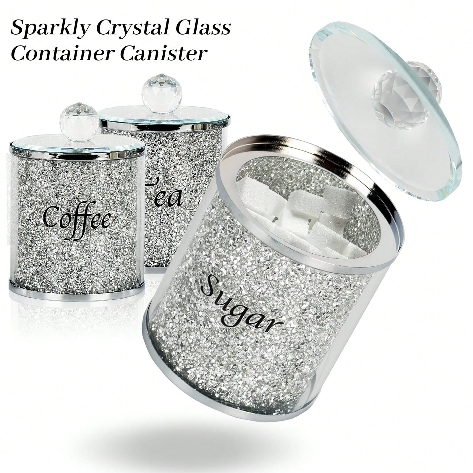 コーヒー、砂糖、紅茶用キャニスターセット、キラキラ輝くクラッ - Coffee Tea Canister Set のレビューと価格