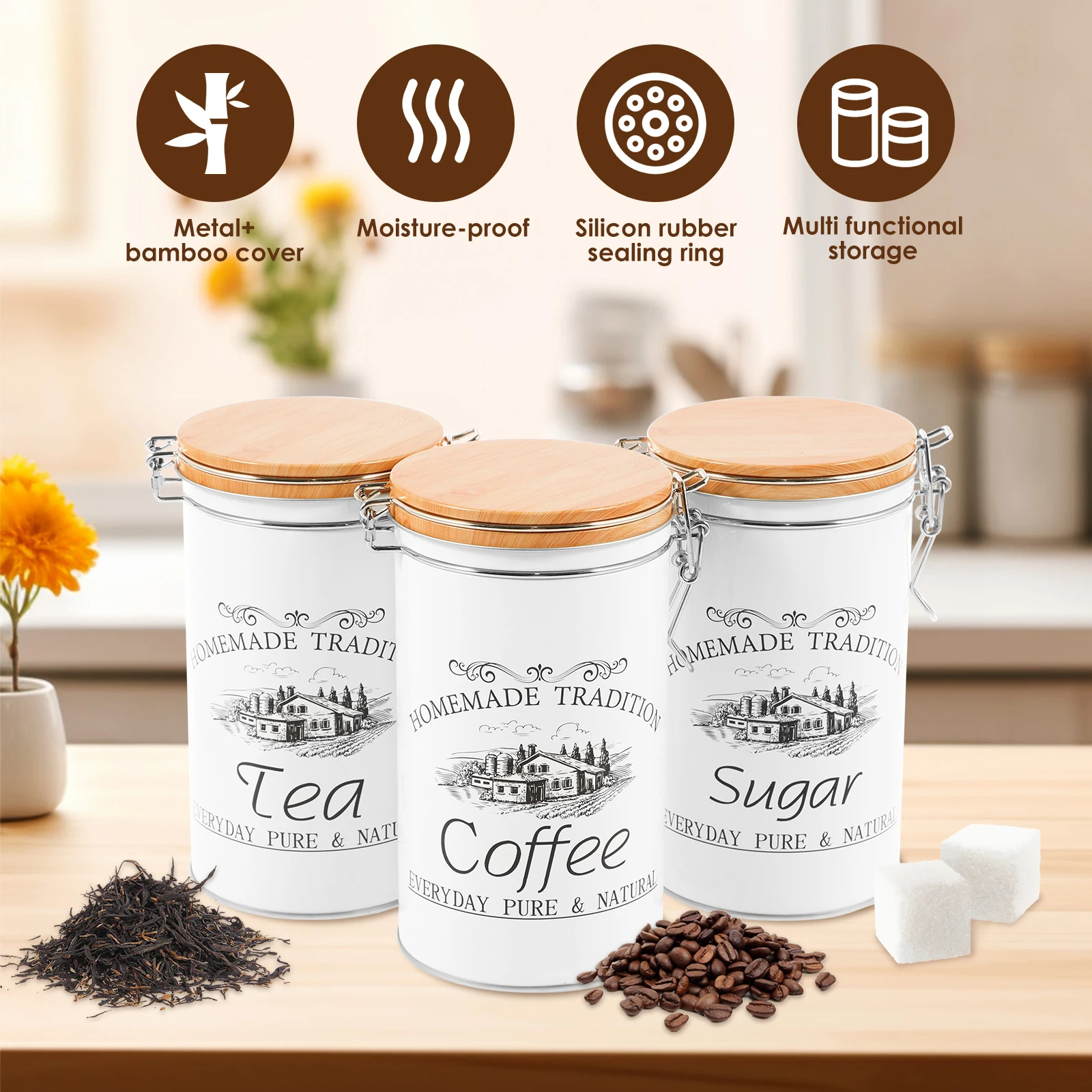 3 ピース/セット茶コーヒー砂糖キャニスター金属コーヒー豆保 - Coffee Tea Canister Set のレビューと価格