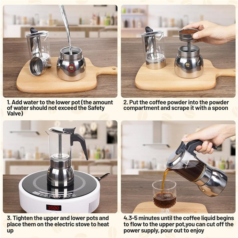 ABUI-クリアガラス 4カップ モカポット 304ステンレ - Moka Pot Stove のレビューと価格